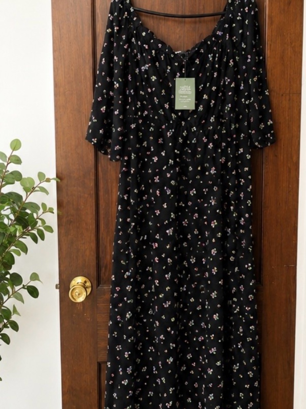 H&M Black Floral Midi Summer Dress with long Sleeves